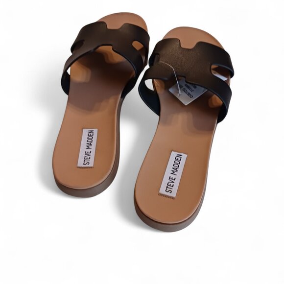Steve Madden Leather H-Band Slide Flat Sandal Black 9 NIB - Picture 5 of 10
